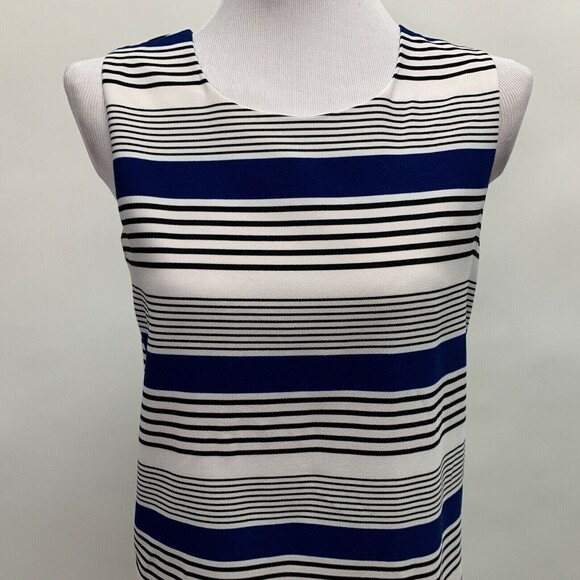 Sans Souci Women's Top Small Striped Multicolor Blue White Black Sleeveless - Picture 2 of 7